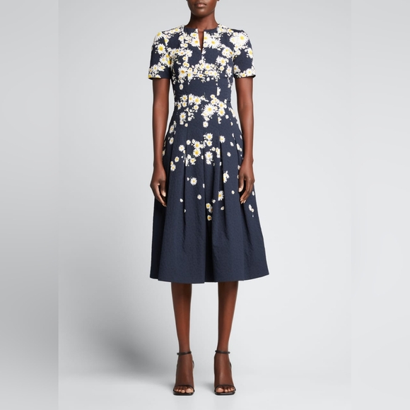 °$3,290 NEW OSCAR DE LA RENTA NAVY WHITE DAISY SILK LINED MIDI DRESS US  10 L - Picture 1 of 9